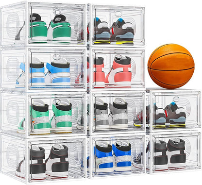 Caktraie Shoe Organizer - 10 Pack Stackable Storage Boxes with Magnetic Doors | White Sneaker Display