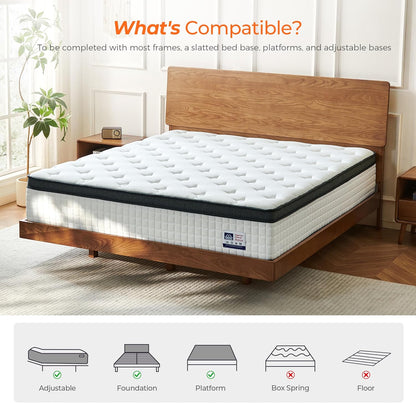 Skiennix 12 Inch Queen Mattress - Hybrid Design with Pocketed Springs & Gel Memory Foam for Support | Medium Firm, CertiPUR-US Certified