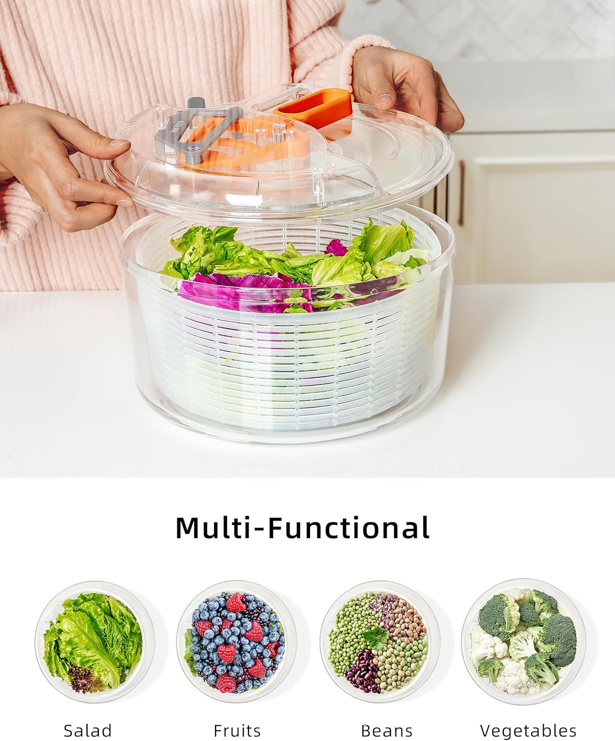 MR.SIGA Large Salad Spinner - Efficient Fruit Washing Bowl with Strainer for Greens & Vegetables