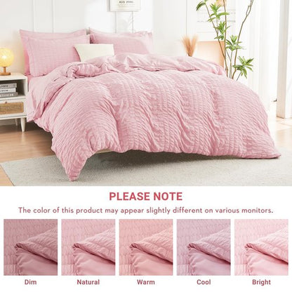 HYMOKEGE Pink Full Size Comforter Sets Seersucker 7 Pieces, All Season Luxury Bed in a Bag for Bedroom, Bedding Set with Comforters, Sheets, Pillowcases & Shams