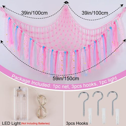 FIOBEE Stuffed Animals Net or Hammock with LED Light, Toy Hammock Hanging Stuffed Animals Storage Organizer Holder Room Décor for Nursery Kids Bedroom