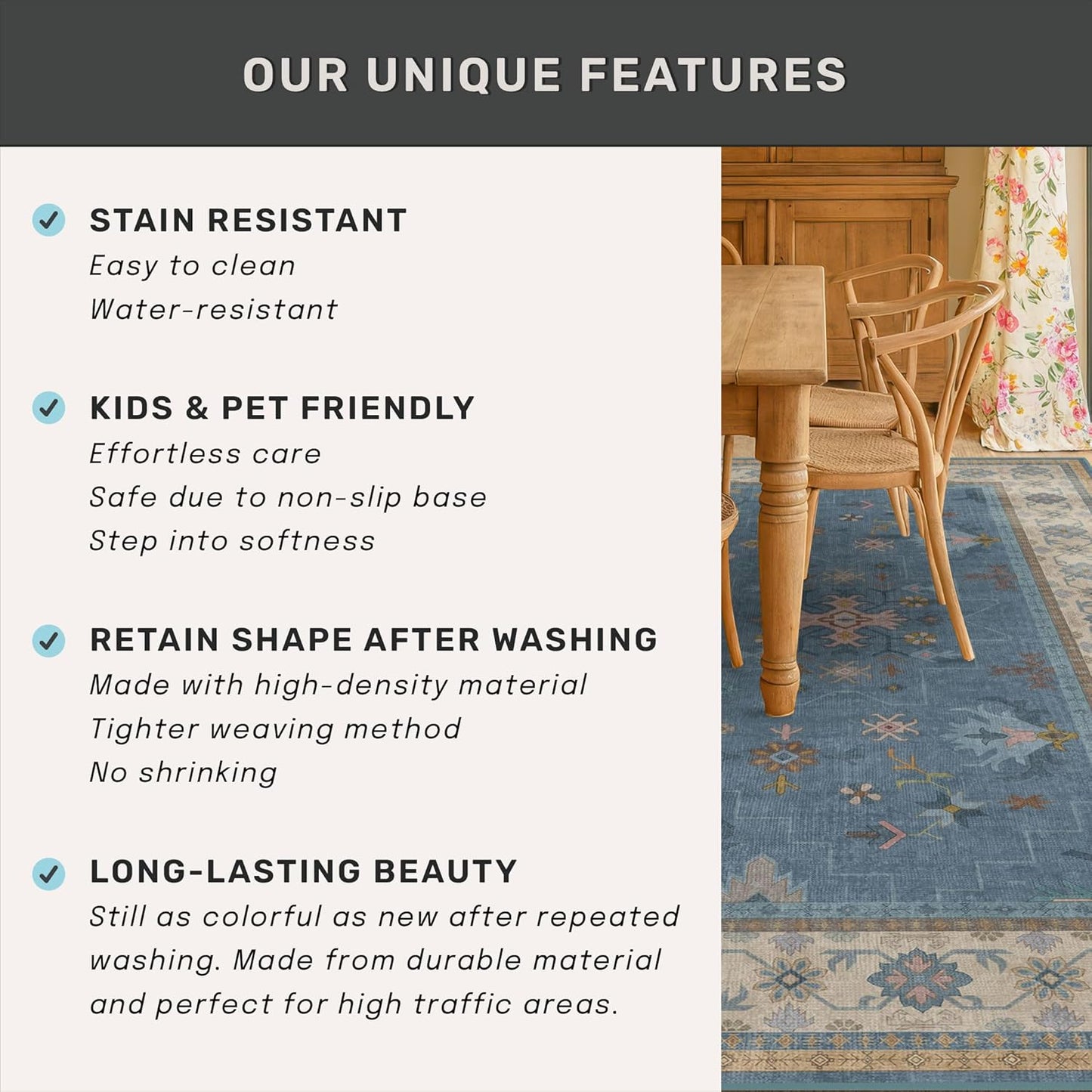 Skiennix Washable Blue Area Rug - 3x5 Non-Slip Throw Rug for Entryway, Kitchen, Bedroom, Mudroom