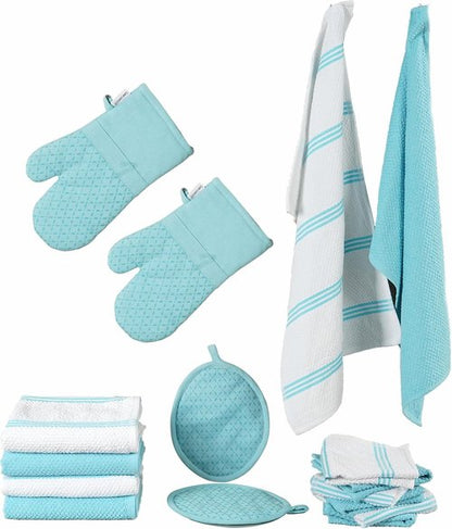Lane Linen 16-Piece Kitchen Towel Set | Heat Resistant Oven Mitts & Pot Holders, Absorbent Dish Cloths - Aqua