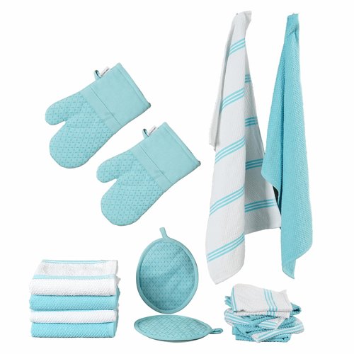 Lane Linen 16Pc Kitchen Towel Set - Heat Resistant Oven Mitts & Pot Holders, Reusable Dish Cloths, Absorbent Hand Towels - Aqua
