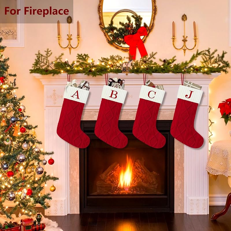 Personalized 20” Christmas Stocking with Initial A - Knitted Embroidered Monogram