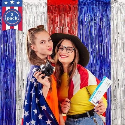 LOLStar 4th of July Decorations - 3-Pack Red, White & Blue Streamers | Patriotic Foil Fringe Curtains & Props