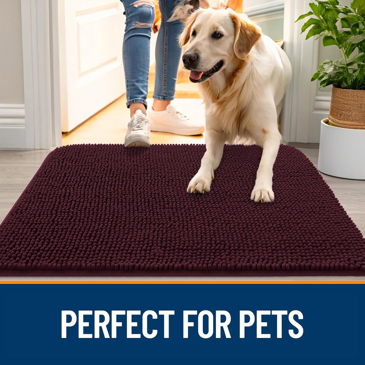 OLANLY Dog Door Mat - Absorbent Non-Slip Mud Mat for Indoor Use | Quick Dry Chenille, 47x17, Russet