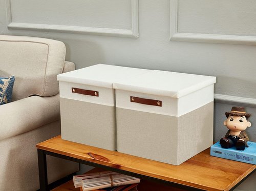 DECOMOMO Storage Basket - Fabric Box with Lid & Handles | Beige and White, 11” | 3 Pack