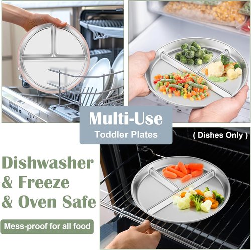 E-far Stainless Steel Toddler Plates - 9" Non-Slip Suction Plates, 4-Pack Divided Baby Dishes, Dishwasher Safe