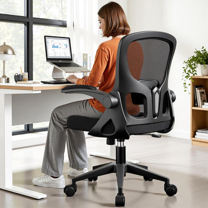 Skiennix Ergonomic Office Chair - Adjustable Lumbar Support & Flip-Up Armrests | Black Mesh Design