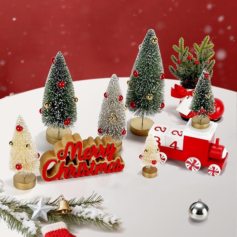 Sync-5081: 6-Pack Mini Frosted Bottle Brush Christmas Trees - Assorted Sizes