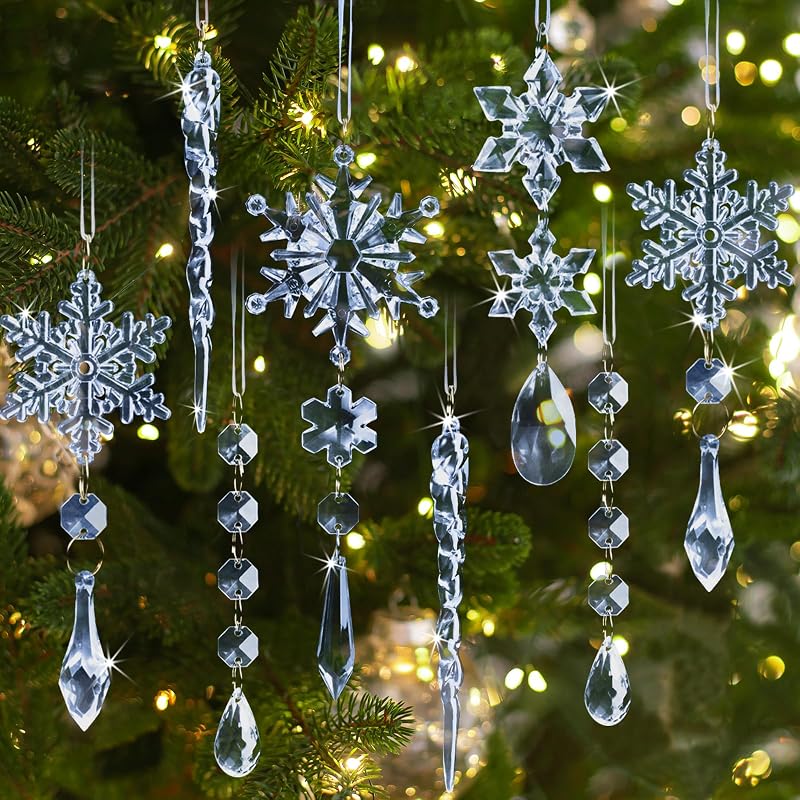Blue Acrylic Snowflake Ornament + 36 Pcs — Crystal Icicle Holiday Decorations for Christmas Tree