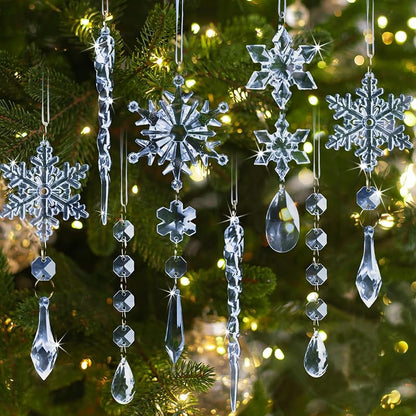 Blue Acrylic Snowflake Ornament + 36 Pcs — Crystal Icicle Holiday Decorations for Christmas Tree