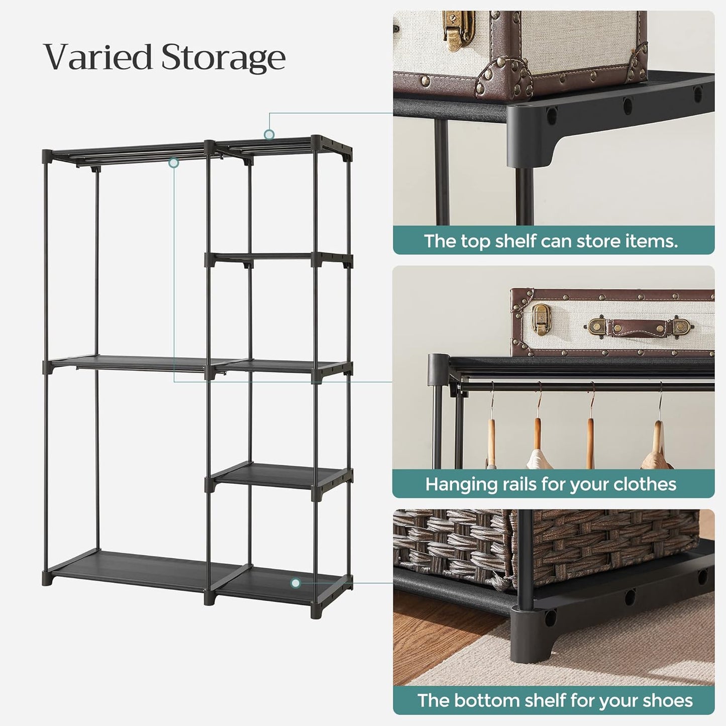SONGMICS Portable Closet - Freestanding Clothes Rack with Shelves & Hanging Rods | Black, 44.1 x 16.9 x 65 Inches