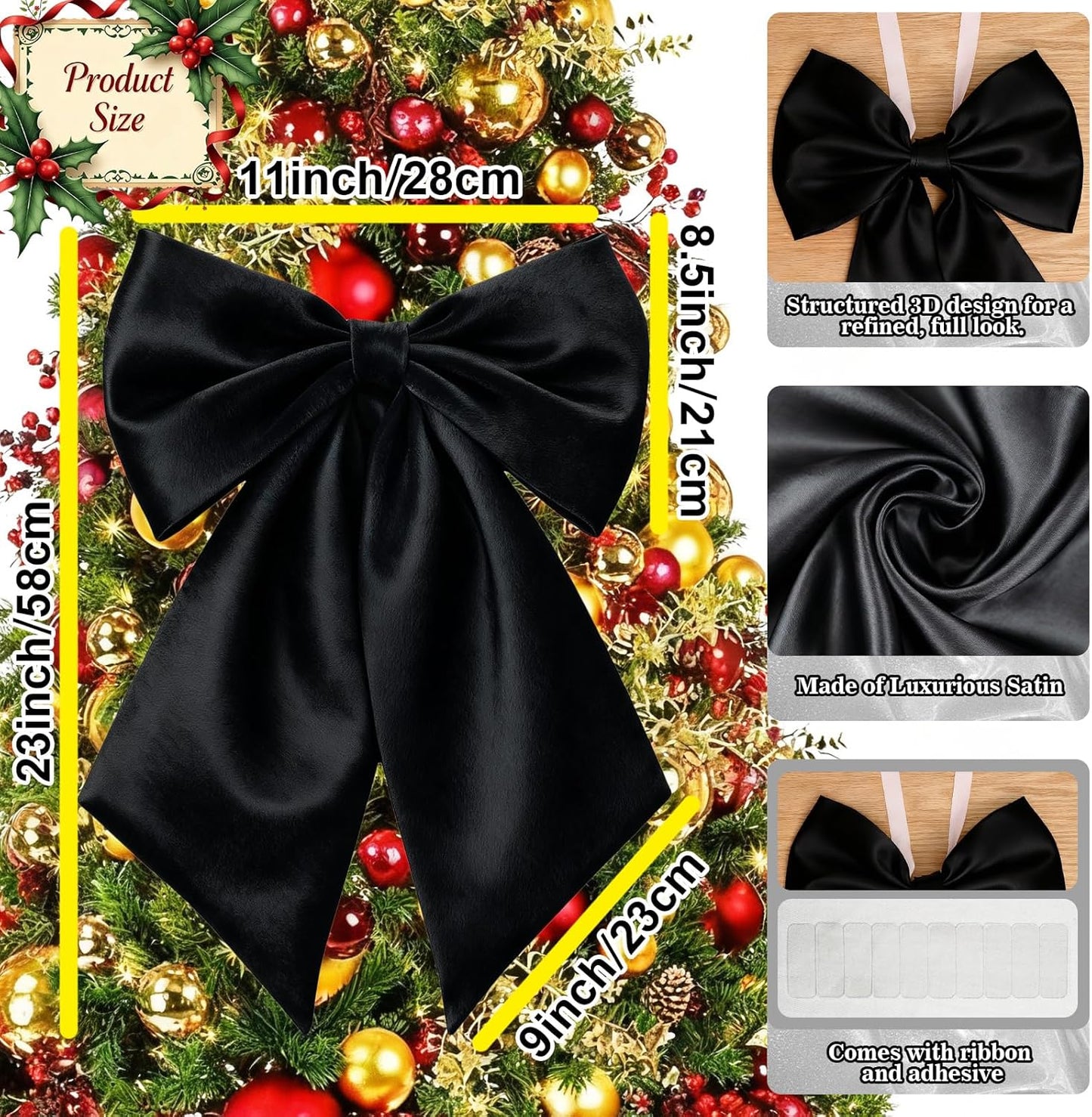Black Bows Decor | 22x11 Inch Big Black Bows for Christmas Tree, Weddings & Showers (3 Pack)