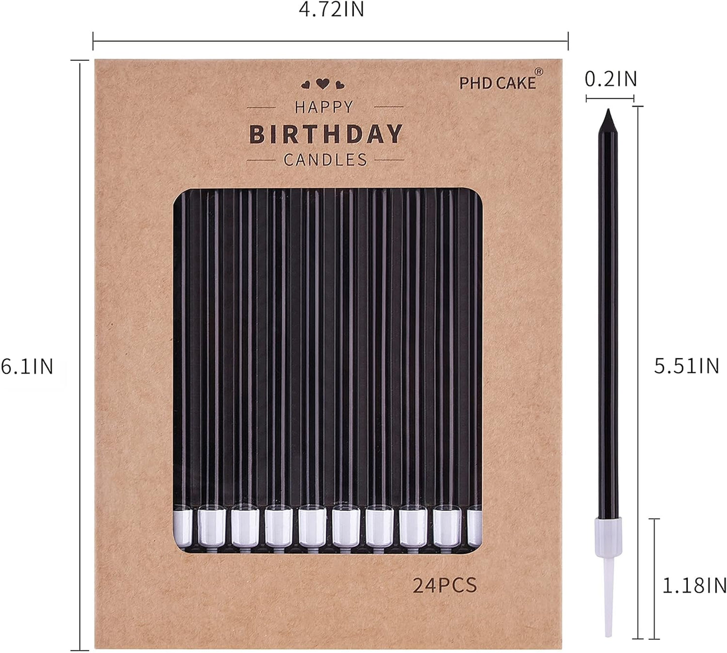 PHD CAKE Black Long Thin Birthday Candles - Perfect for Parties, Weddings & Celebrations | 12 Pack