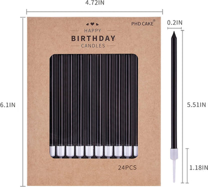 PHD CAKE Black Long Thin Birthday Candles - Perfect for Parties, Weddings & Celebrations | 12 Pack