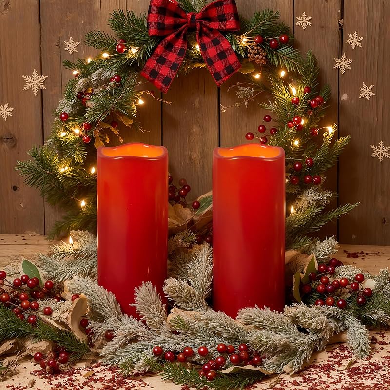 Red Burgundy Outdoor Flameless Candles with Remote, 4x10, Set of 2 (IPX5 Waterproof)