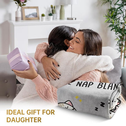 Daughter Nap Blanket - Grey 60x50 in | Cozy Flannel Fleece Throw with Sleepy Cat Design