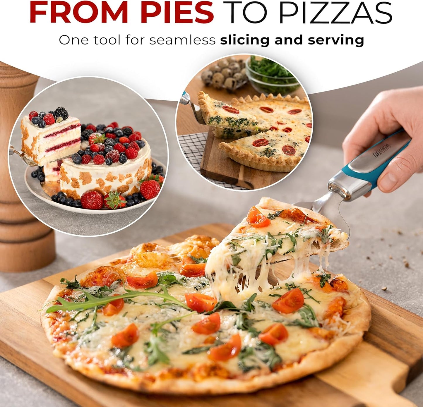 Orblue Pie Server - Serrated Stainless Steel Cake Cutter for Left or Right-Handed Chefs | Blue