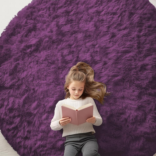 OLANLY Round Dark Purple Area Rug - Soft, Fluffy, Machine Washable 7 ft Circle Carpet for Bedroom & Living Room