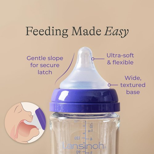 Lansinoh Anti-Colic Glass Baby Bottles - 5 Ounce, 4 Count Set with Extra Slow Flow Nipples