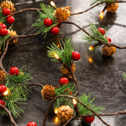 FUNPENY Christmas Pinecone String Lights - 20 LED Fall Garland with Red Berries | 6.56Ft Indoor/Outdoor Decor