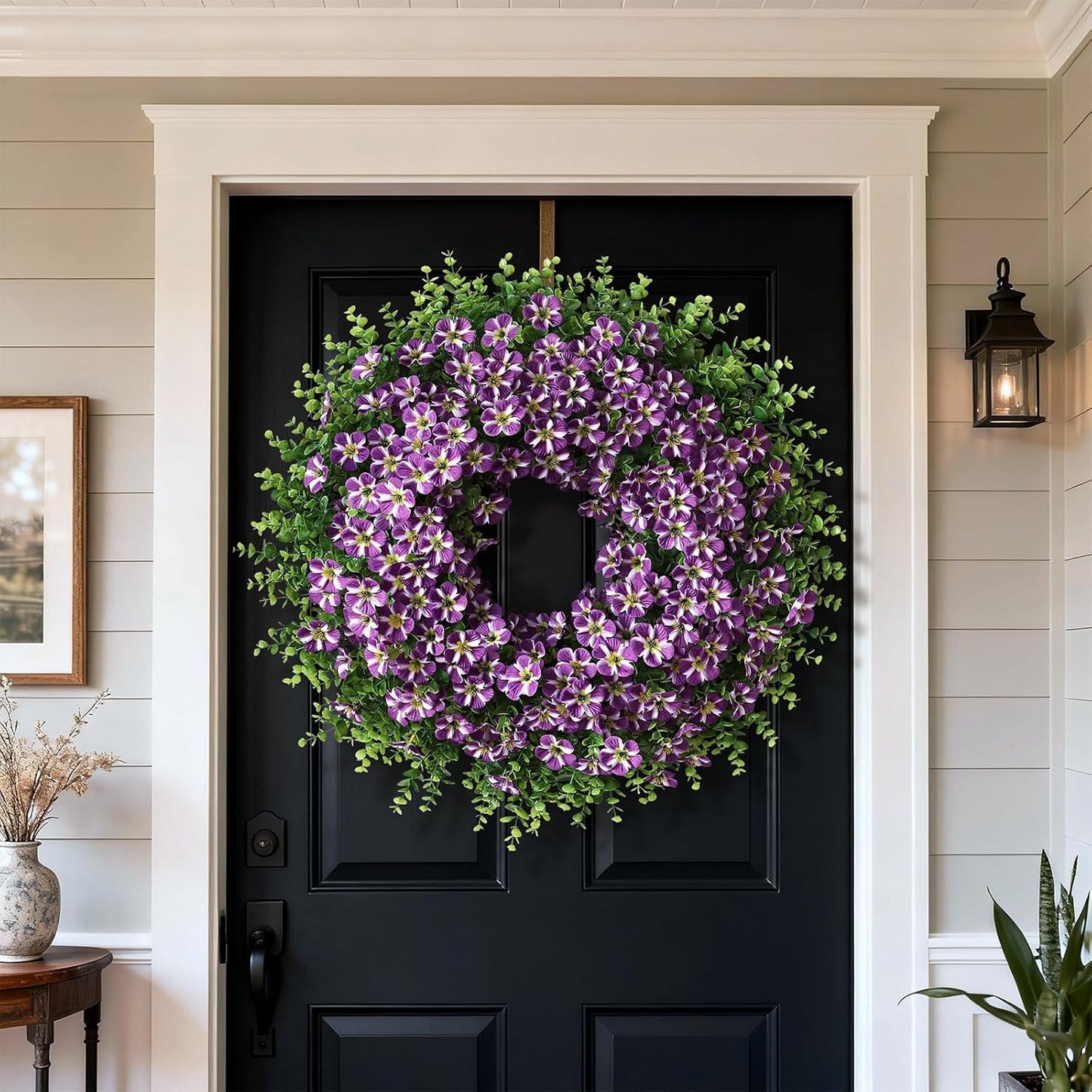 Skiennix 26" Large Artificial Eucalyptus Wreath - Realistic Faux Silk Morning Glory Flowers for Home & Wedding Decor (Purple)
