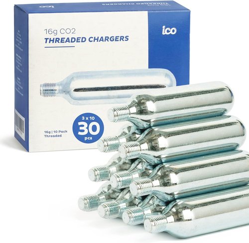 ICO 16g Co2 Cartridges (30 pack), Handheld, Alloy Steel, Food Grade, 100 psi, Automatic, Leak Proof, Two-year Guarantee, Ideal for Bike Tires & Beverage Devices