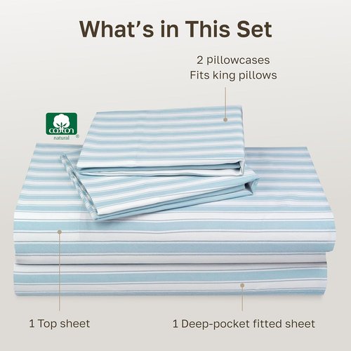California Design Den King Size Cotton Sheets Set - 100% Soft Cotton, 400 TC, Award-Winning Sateen Finish, Cape Stripe Blue