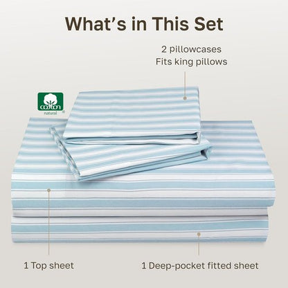 California Design Den King Size Cotton Sheets Set - 100% Soft Cotton, 400 TC, Award-Winning Sateen Finish, Cape Stripe Blue