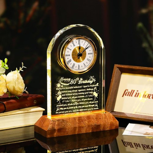 Arikyrist 80th Birthday Glass Clock - Unique Quartz Gift with Wooden Base for Men & Women