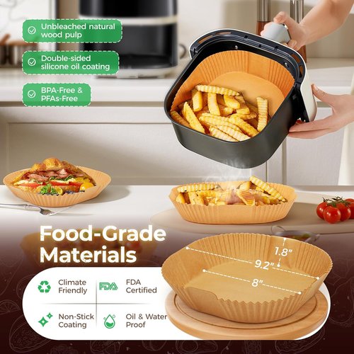 Air Fryer Liners - 100 PCS Non-Stick, Waterproof & Oilproof Parchment Paper | 8" Square for 5-8 QT Fryers