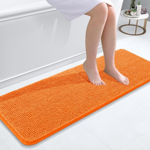 OLANLY Bathroom Rugs 47x17, Extra Soft Absorbent Chenille Bath Rugs, Rubber Backing Quick Dry, Machine Washable Bath Mats for Bathroom Floor, Tub and Shower, Home Decor Accessories, Orange