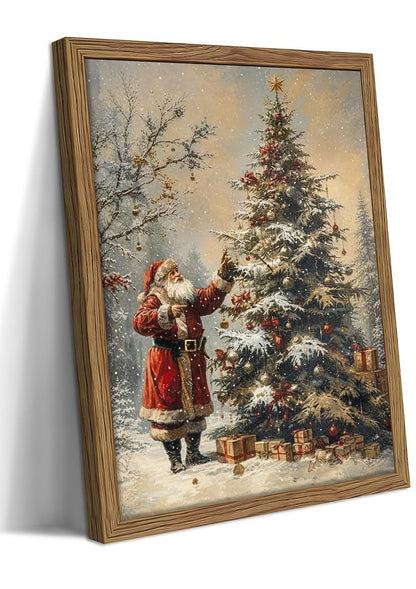 Framed Santa Claus & Christmas Tree Vintage Wall Art, 12x16 Natural Wood Frame
