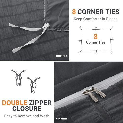 HYMOKEGE Duvet Cover Set - Ultra Soft Dark Grey Seersucker Bedding | Queen Size, 3-Piece with Zipper Closure & 8 Corner Ties (90"x90")