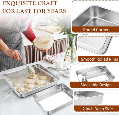 TeamFar Stainless Steel Baking Pans Set of 3 - Deep Rectangle Bakeware for Cookies & Cakes | 12.5/10.5/9.4 Inch