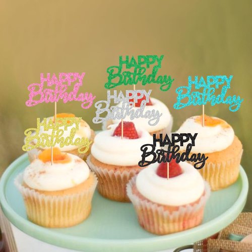 Ercadio Happy Birthday Cupcake Toppers - 24 Pack in 8 Colors for Kids' Parties & Celebrations