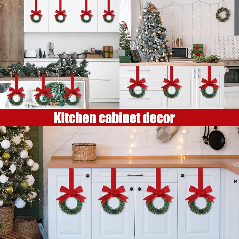 Sggvecsy 8'' Christmas Mini Cabinet Wreath with Red Burlap Bow, 12 Pcs – Red Berry Artificial Wreath for Kitchen Cabinet, Window & Door (Variation: Red)