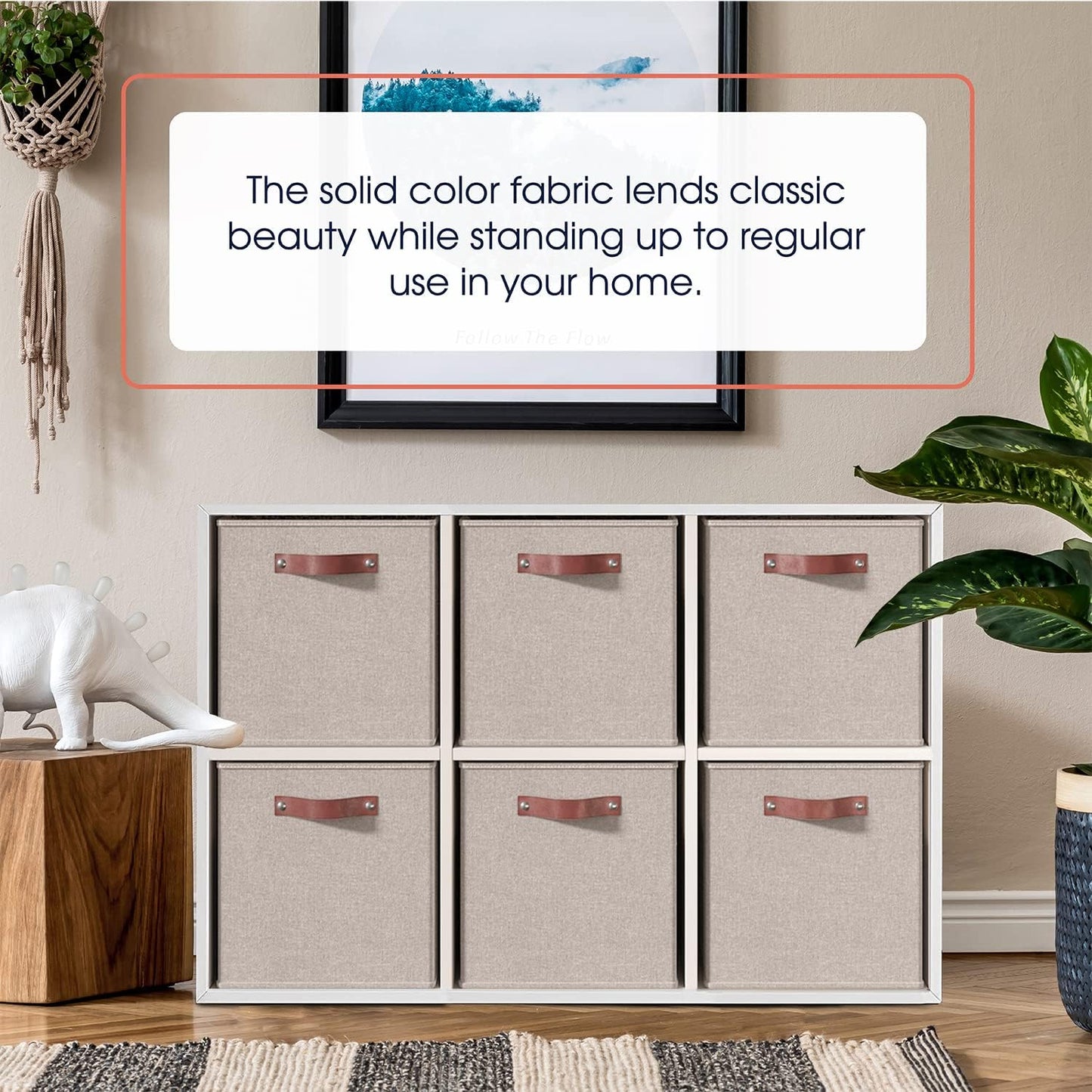 Ornavo Home Storage Cube Bins - Foldable Fabric Organizer with Leather Handles | 11x11, Beige, 6 Pack