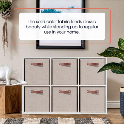 Ornavo Home Storage Cube Bins - Foldable Fabric Organizer with Leather Handles | 11x11, Beige, 6 Pack