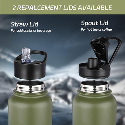 HASLE OUTFITTERS 32 oz Insulated Stainless Steel Water Bottle - Double Walled with 2 Lids for Gym & Hiking (Army Green)
