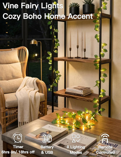 Suddus Vines with Fairy Lights - 33ft 100 LED Monstera Leaves String Lights | Battery & USB Powered, Remote Control for Indoor Tropical Decor