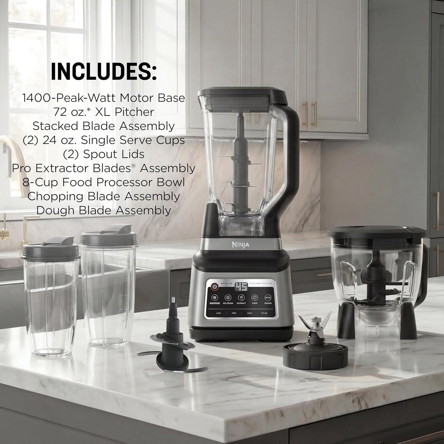 Ninja BN801 Professional Plus Kitchen System - 1400W Blender & Food Processor with Auto IQ | 72oz Pitcher, 64oz Bowl, 2 To-Go Cups, Grey