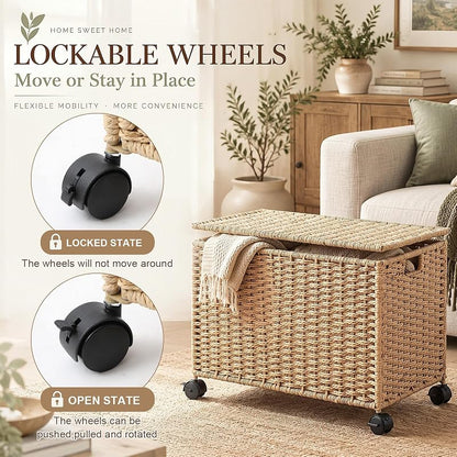 17.2 Gallon Wicker Storage Trunk Basket with Lid and Wheels – Natural Paper Rope, 65 L — Variation: Natural+17.2 Gallon/65 L+Paper