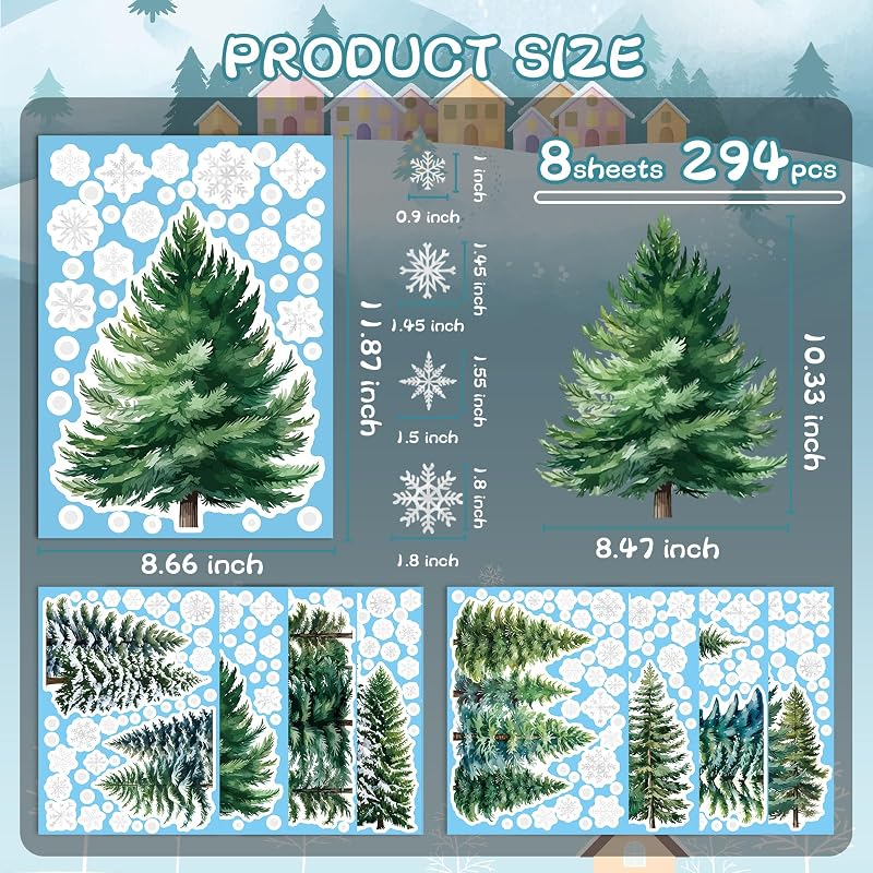Christmas Window Clings Set – 294 PVC Snowflake & Tree Decorations (8 Sheets)