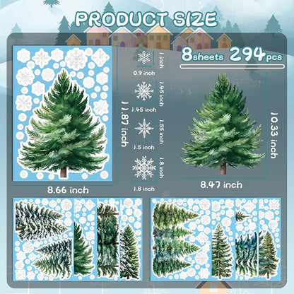 Christmas Window Clings Set – 294 PVC Snowflake & Tree Decorations (8 Sheets)