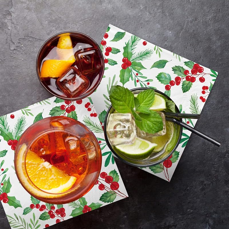 5 x 5 Inch Christmas Holly Paper Napkins Set of 80 - Seasonal Beverage Napkins