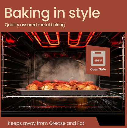Regine Switzerland Nonstick Cookie Sheet Set - 2-Piece Brown Marble Carbon Steel Pan & Cooling Rack, Oven Safe Up to 450°F, Space-Saving Design