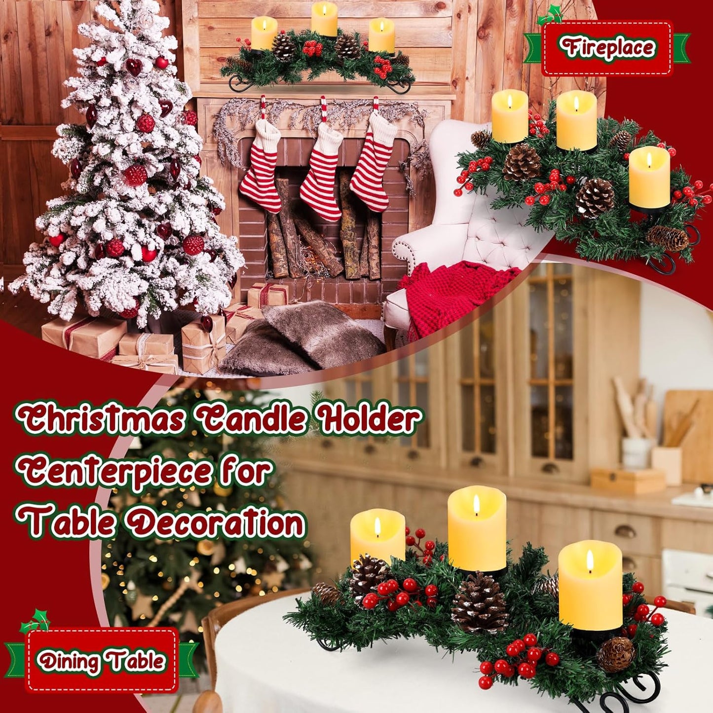 Mudder Christmas Table Centerpiece Set - 20'' Steel Base with 3 Flameless LED Candles & Red Berry Decor | Creamy White